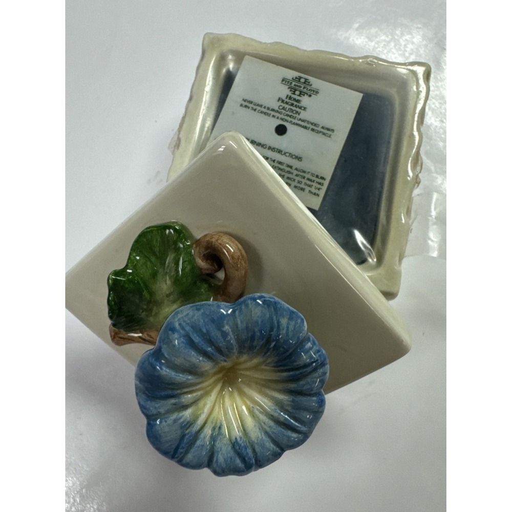 Fitz and Floyd Morning Glory Blue Flower Ceramic Candle Box Basketweave Cream